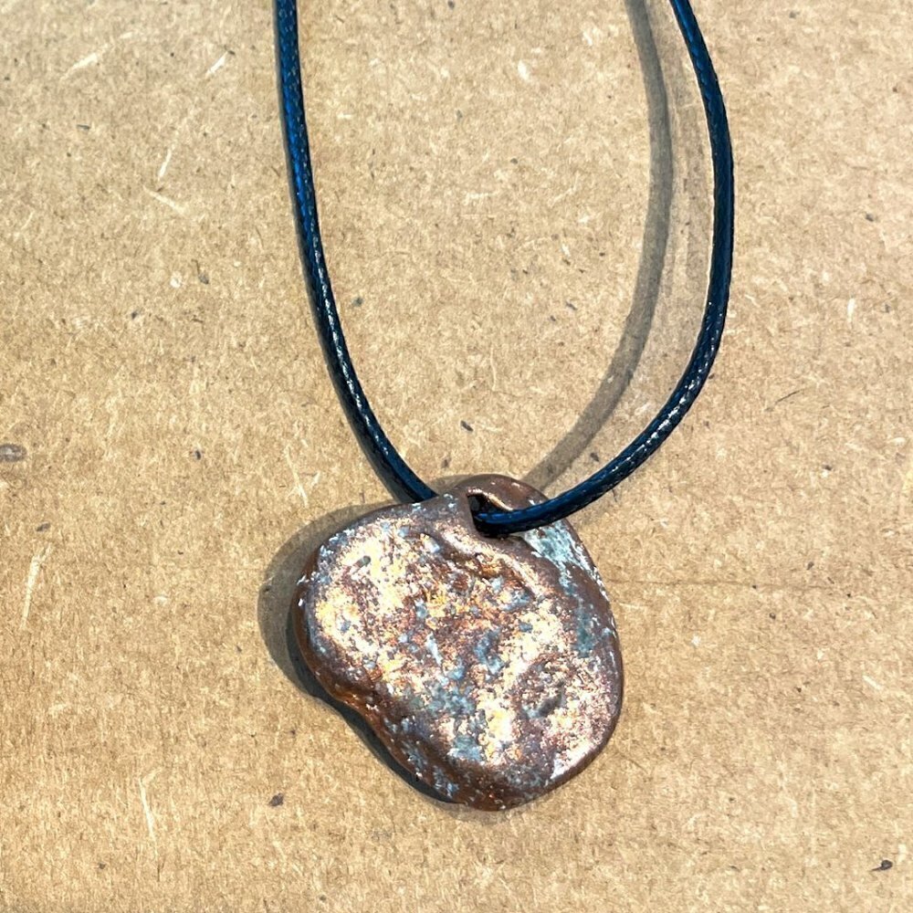 Abstract Copper BOHO Pendant w/ Black Waxed Cord Size 17.5 " Necklace, 1"